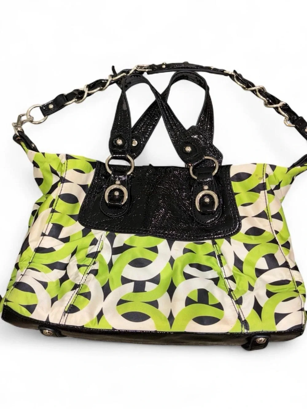 Coach Lime Green and Black Geo Print Satchel